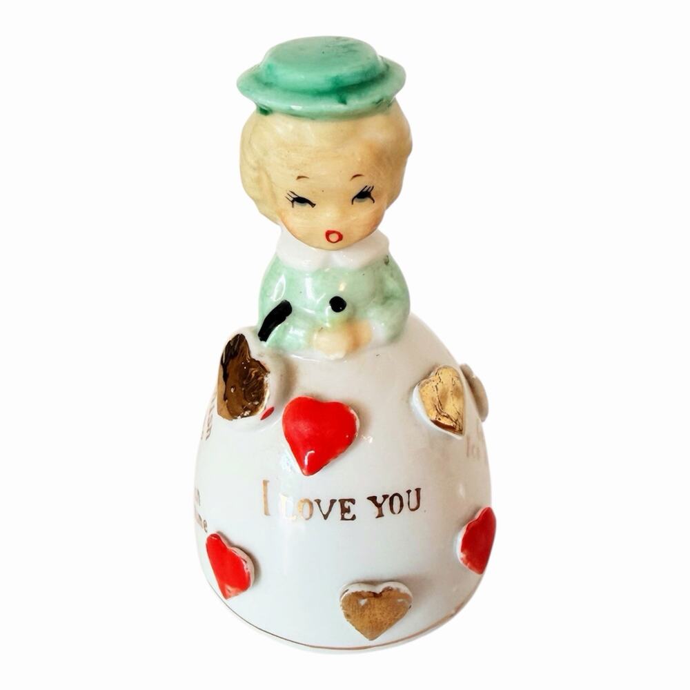 Vtg Girl Ceramic Bell W/ Hearts & I Love You In Different Languages Japan 3.5"